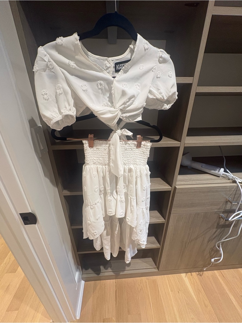 Katie J NYC White Embroidered Tie-Front Top & Smocked Skirt Set